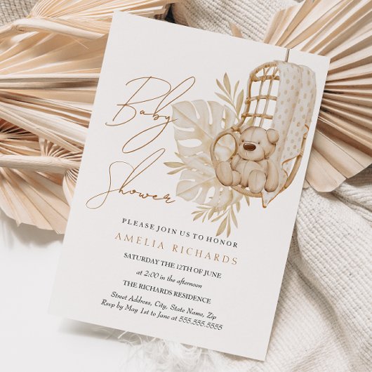 Sweet Boho Teddy Bear Neutral Baby Dusche Einladung