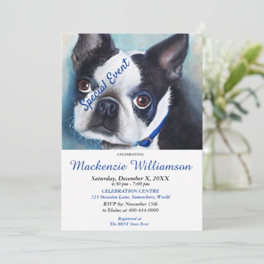 SWEET BOSTON TERRIER PUPPY WISHES HAPPY BIRTHDAY EINLADUNG (Stehend Vorderseite)