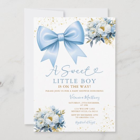 Sweet Boy Blue Bow Coquette Baby Shower Floral Einladung (Vorderseite)