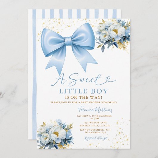 Sweet Boy Blue Bow Coquette Baby Shower Floral Einladung (Vorne/Hinten)