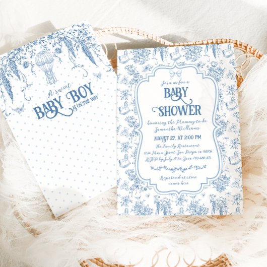 Sweet Boy Dusty Blue Whimsical Floral Baby Dusche Einladung