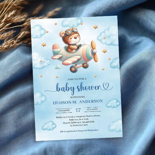 Sweet Boy Shower Invitation Teddy Bear Pilot Blue Einladung