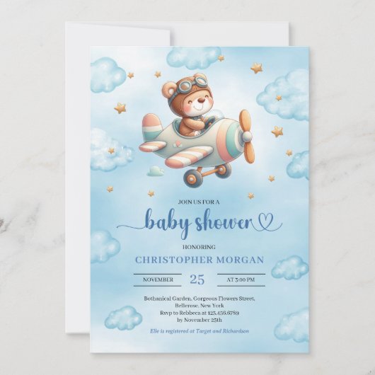 Sweet Boy Shower Invitation Teddy Bear Pilot Blue  Einladung (Vorderseite)