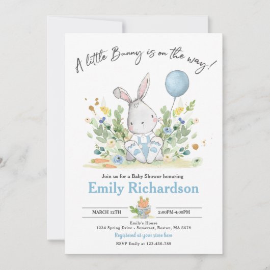 Sweet Boy Watercolor Bunny Baby Dusche Blau Einladung (Vorderseite)