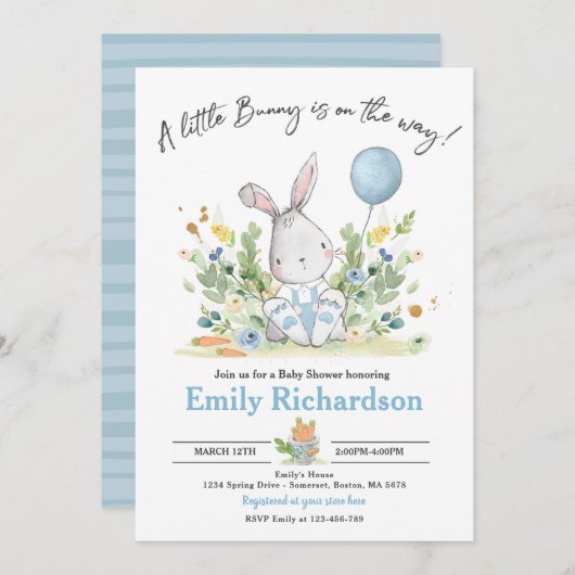 Sweet Boy Watercolor Bunny Baby Dusche Blau Einladung (Vorne/Hinten)