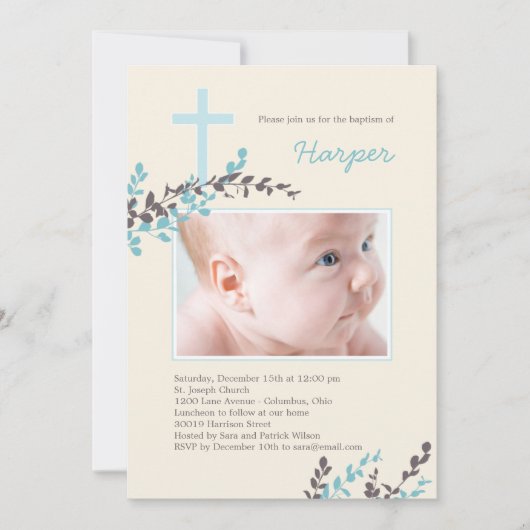 Sweet Branches Christening Invitation - Blau Einladung (Vorderseite)