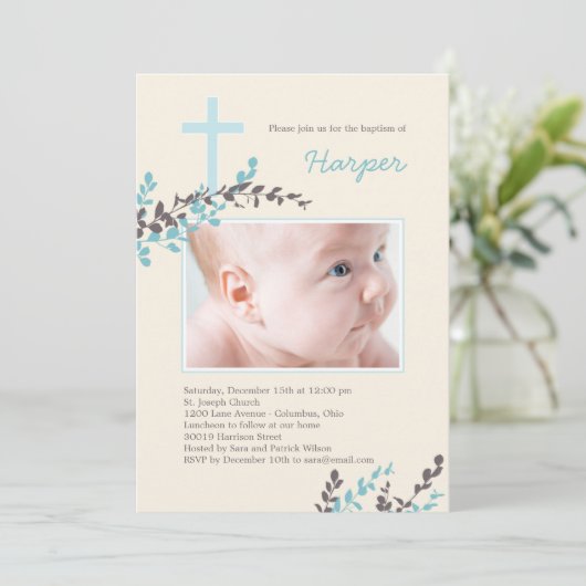 Sweet Branches Christening Invitation - Blau Einladung (Stehend Vorderseite)