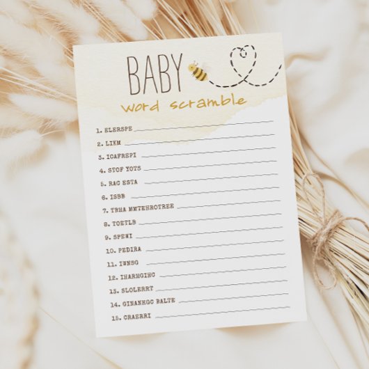 Sweet Bumble Bee Baby Word Scramble Game Card Einladung