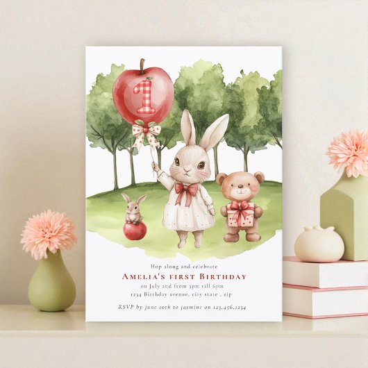 Sweet Bunny Apple First Birthday Invitation Einladung