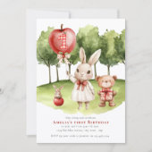 Sweet Bunny Apple First Birthday Invitation Einladung (Vorderseite)