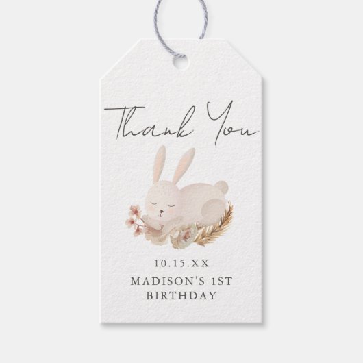 Sweet Bunny Calligraphy First Birthday Vielen Dank Geschenkanhänger (Vorderseite)
