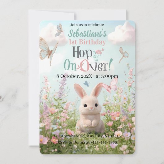 Sweet Bunny Meadow Birthday Einladung - Whimsical (Vorderseite)