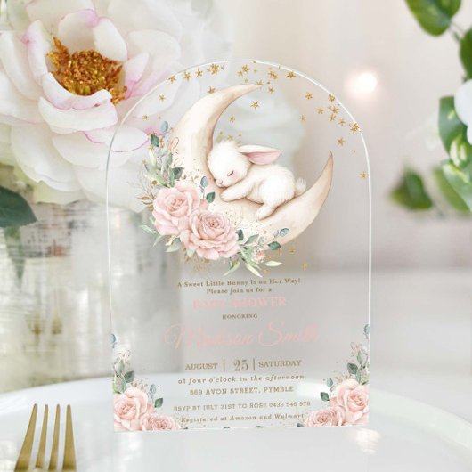 Sweet Bunny Pink Blush Bloral Baby Shower Arch Acryleinladungen