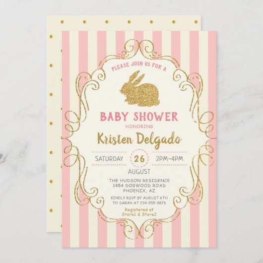 Sweet Bunny Pink Gold Glitzer Kinderdusche Einladung (Vorne/Hinten)
