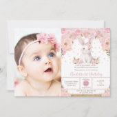 Sweet Bunny Rabbit Pink 1st 2nd 3rd Birthday Photo Einladung (Vorderseite)
