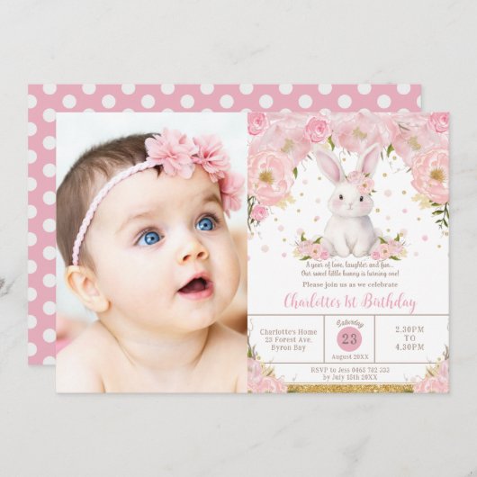 Sweet Bunny Rabbit Pink 1st 2nd 3rd Birthday Photo Einladung (Vorne/Hinten)