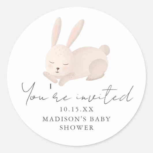 Sweet Bunny Sie sind eingeladen Script Baby Shower Runder Aufkleber (Vorderseite)