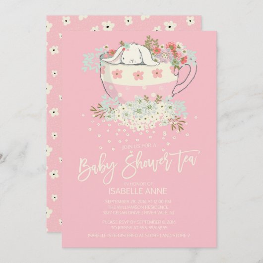 Sweet Bunny Tea Pink Girls Kinderdusche Einladunge Einladung (Vorne/Hinten)