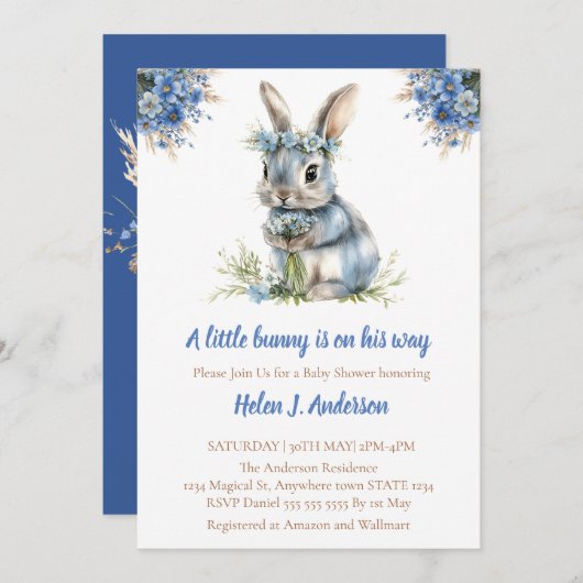 Sweet Bunny Watercolor Blume Babydusche Einladung (Vorne/Hinten)