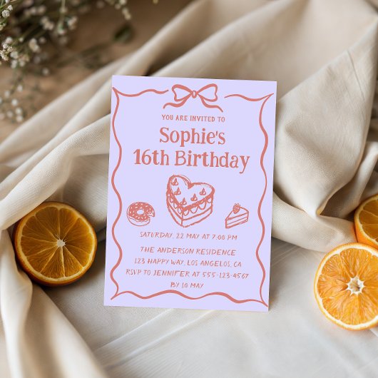 Sweet Cake & Bow Pastel Pink 16th Birthday Party Einladung