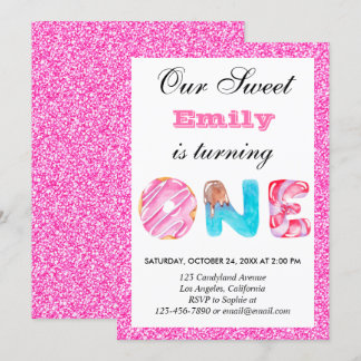 Sweet Candy Hot Pink Glitzer Erster Geburtstag Einladung