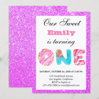Sweet Candy Pink Lila Glitzer Erster Geburtstag Einladung
