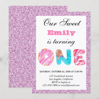 Sweet Candy Pink Lilac Glitzer Erster Geburtstag Einladung