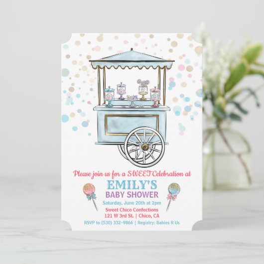 Sweet Candy Shop Kinderdusche Einladung (Stehend Vorderseite)
