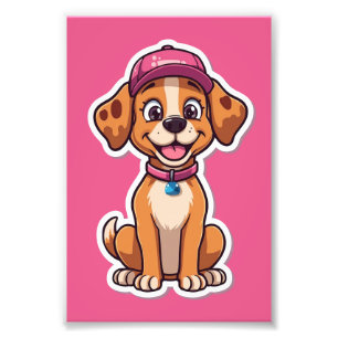 Sweet Cartoon Dog - Happy Puppy in Cap Sticker Fotodruck