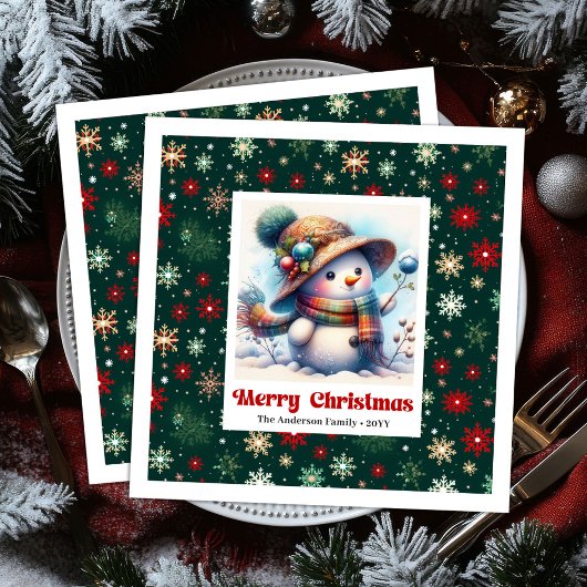 Sweet cartoon snowman with snowflakes kids napkins serviette