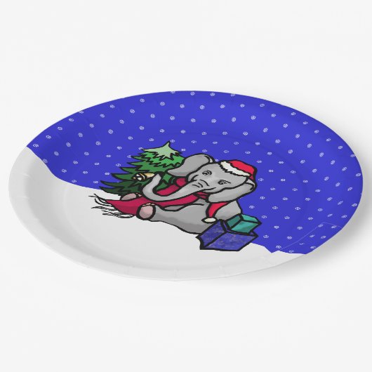 Sweet Cartoon Xmas Elefant im Schnee Pappteller (Schrägansicht)