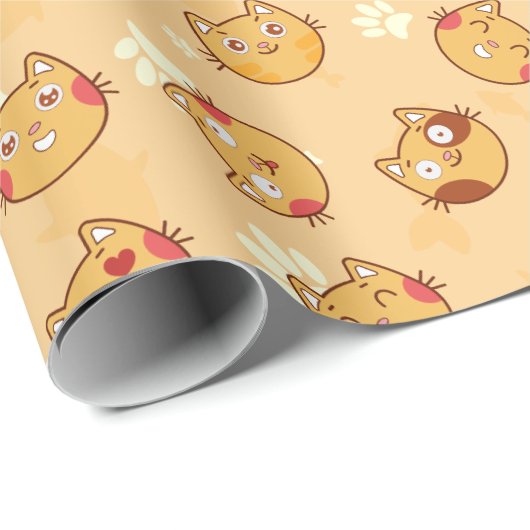 Sweet Cat Emoji Pattern | Orange Geschenkpapier (Rolleneckpunkt)