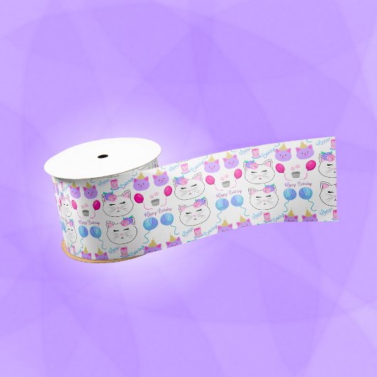 Sweet Cat Faces Happy Birthday Celebration Satinband