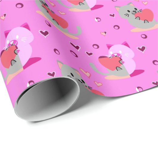Sweet Cat Wrapping Paper - Pink Hearts and Playful Geschenkpapier (Rolleneckpunkt)
