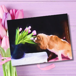 Sweet Cavalier King Charles & Pink Tulips Postkarte