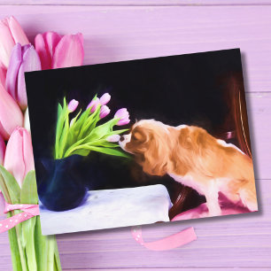 Sweet Cavalier King Charles & Pink Tulips Postkarte