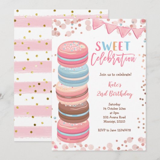 Sweet Celebration Macaroon Girl Birthday Party Einladung (Vorne/Hinten)