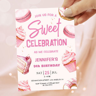 Sweet Celebration Pink Donuts Girl 9. Geburtstag Einladung