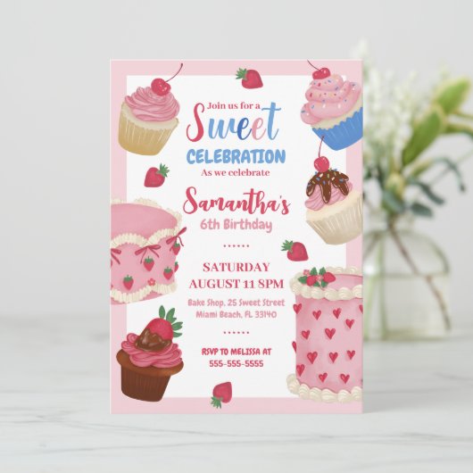 Sweet Celebration Vintag Cake Geburtstag Einladung (Stehend Vorderseite)