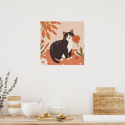 Sweet Charming Kitty mit Blume Poster (Küche)
