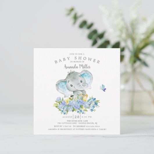 Sweet Cheerful Elephant Baby Boy Dusche Einladung (Stehend Vorderseite)