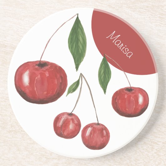 Sweet Cherries Aquarellbilder Mit Monogramm Getränkeuntersetzer (Vorne)