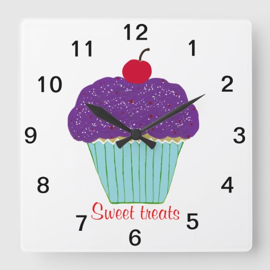 Sweet Cherry auf dem Lila Zuckerguss Cupcake Quadratische Wanduhr (Vorderseite)