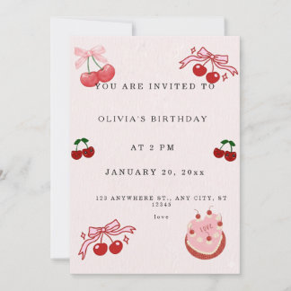 Sweet Cherry Birthday Invitation | Cute Pink Girl Einladung