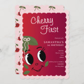 Sweet Cherry First Girl Niedlicher Cartoon 1. Gebu Einladung (Vorne/Hinten)