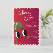 Sweet Cherry First Girl Niedlicher Cartoon 1. Gebu Einladung (Stehend Vorderseite)