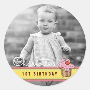 Sweet Cherry Pink Cupcake Birthday Foto Sticker