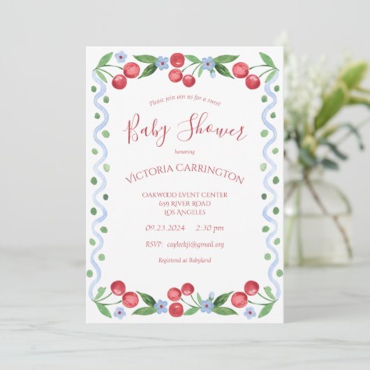 Sweet Cherry Red Baby Dusche Einladung (Stehend Vorderseite)