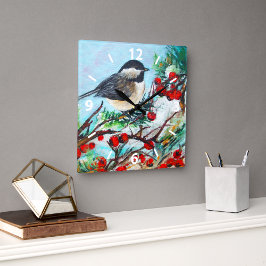 Sweet Chickadee Bird Malerei Wand Décor Quadratische Wanduhr