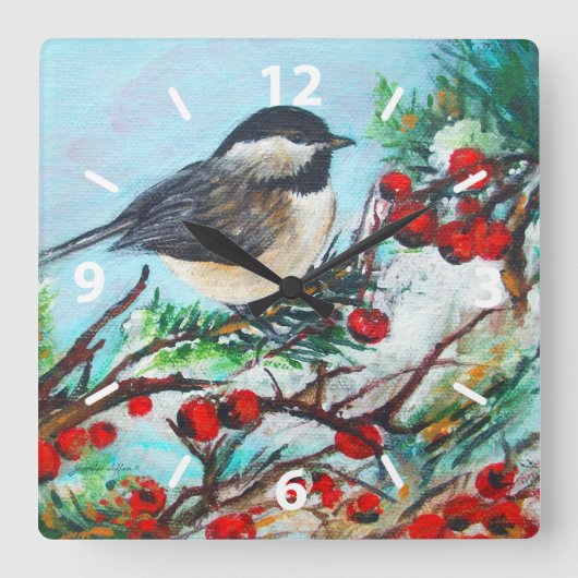 Sweet Chickadee Bird Malerei Wand Décor Quadratische Wanduhr (Vorderseite)